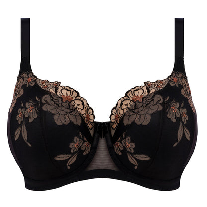 black big cup padded bra with lace and embroidered flowers in almond colour