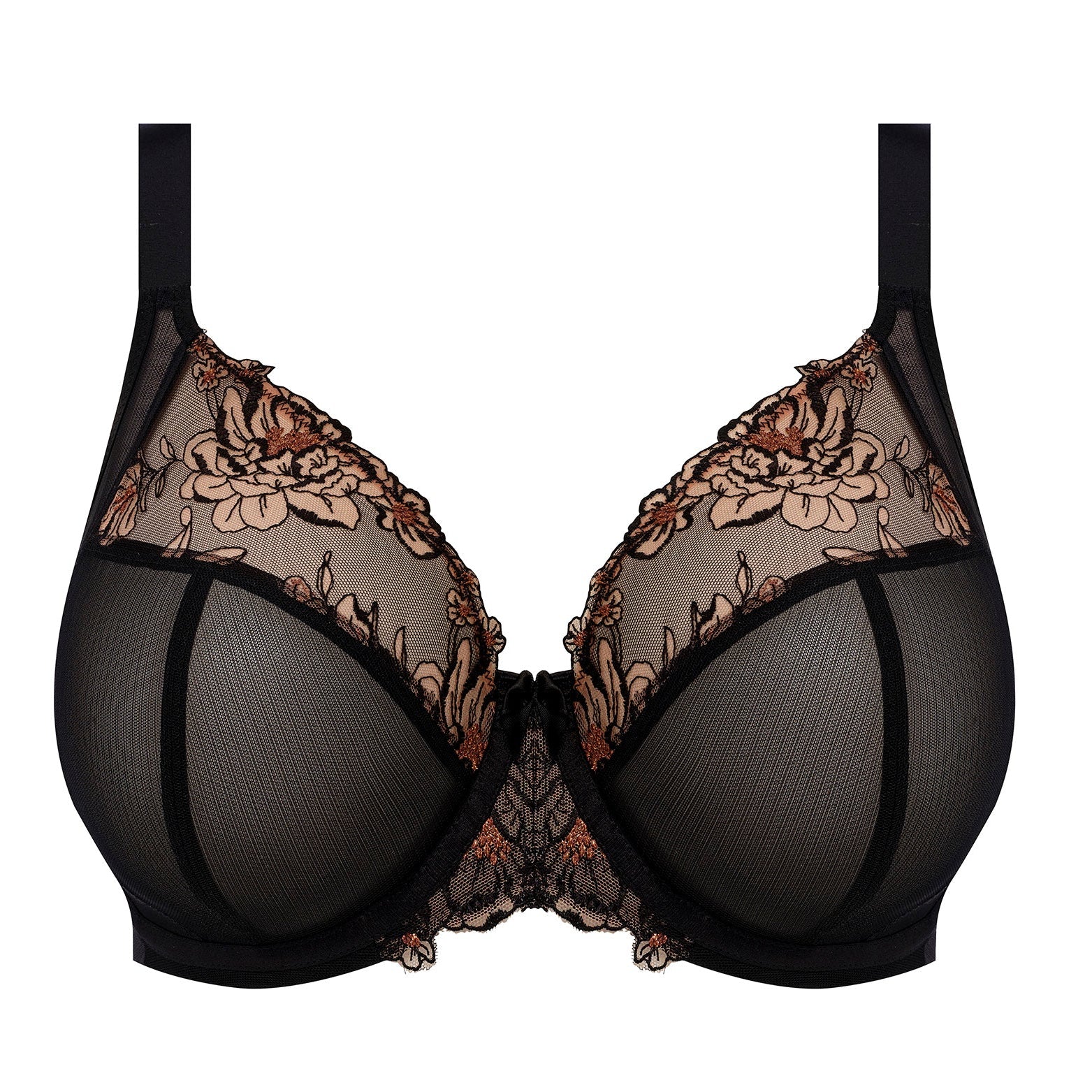  black big cup plunge bra with lace and embroidered flowers in almond colour