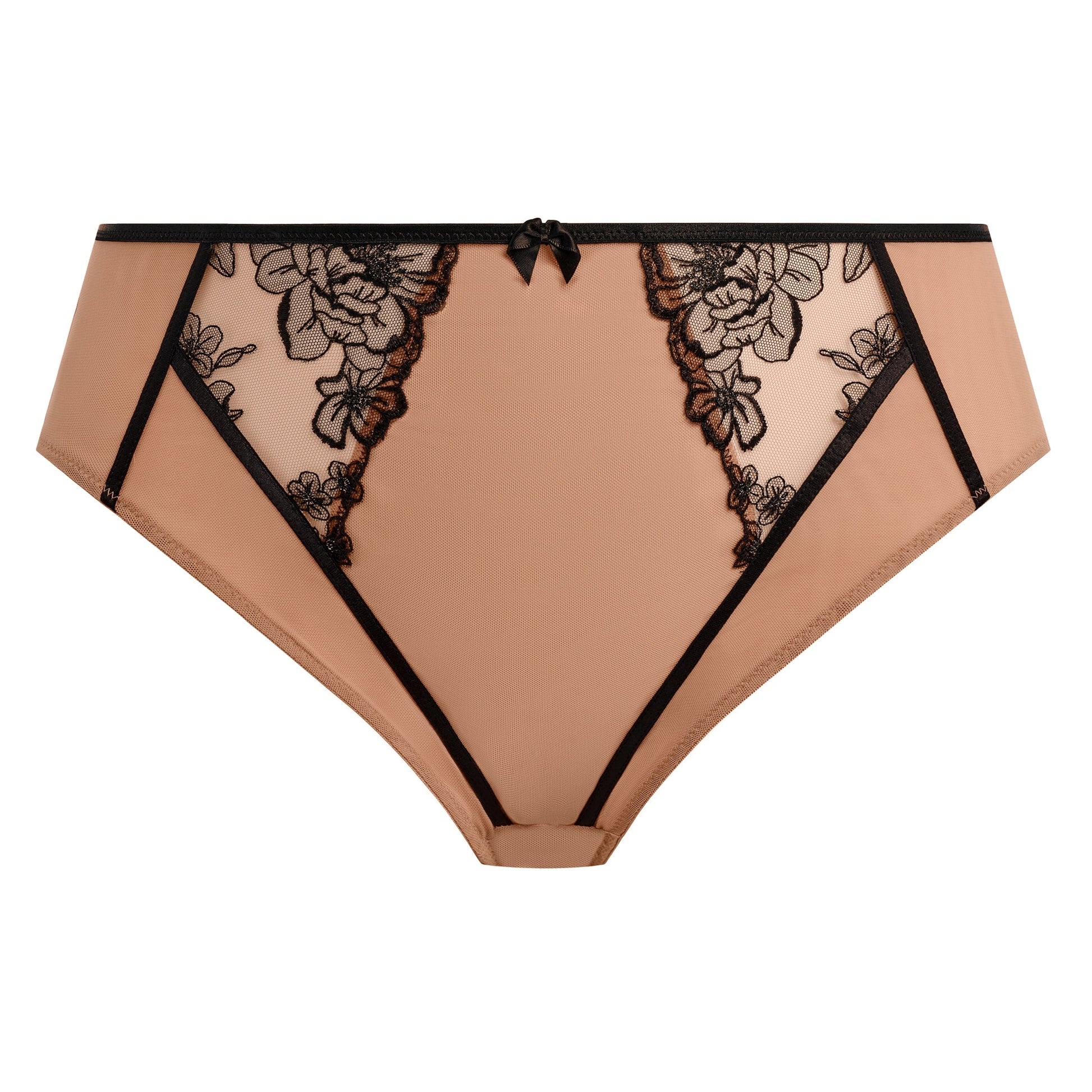 Beige underwear with black lace detailing on a white background