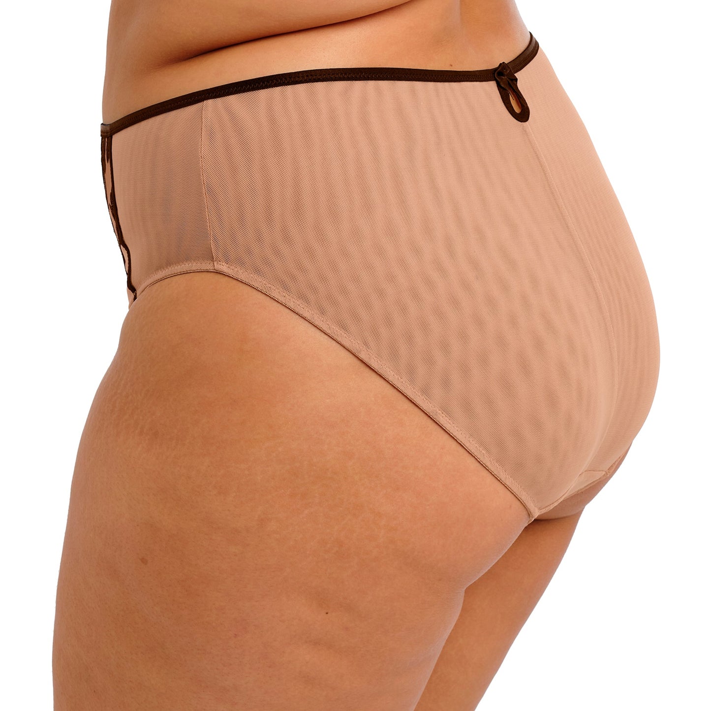 Beige underwear with black lace detailing on a white background