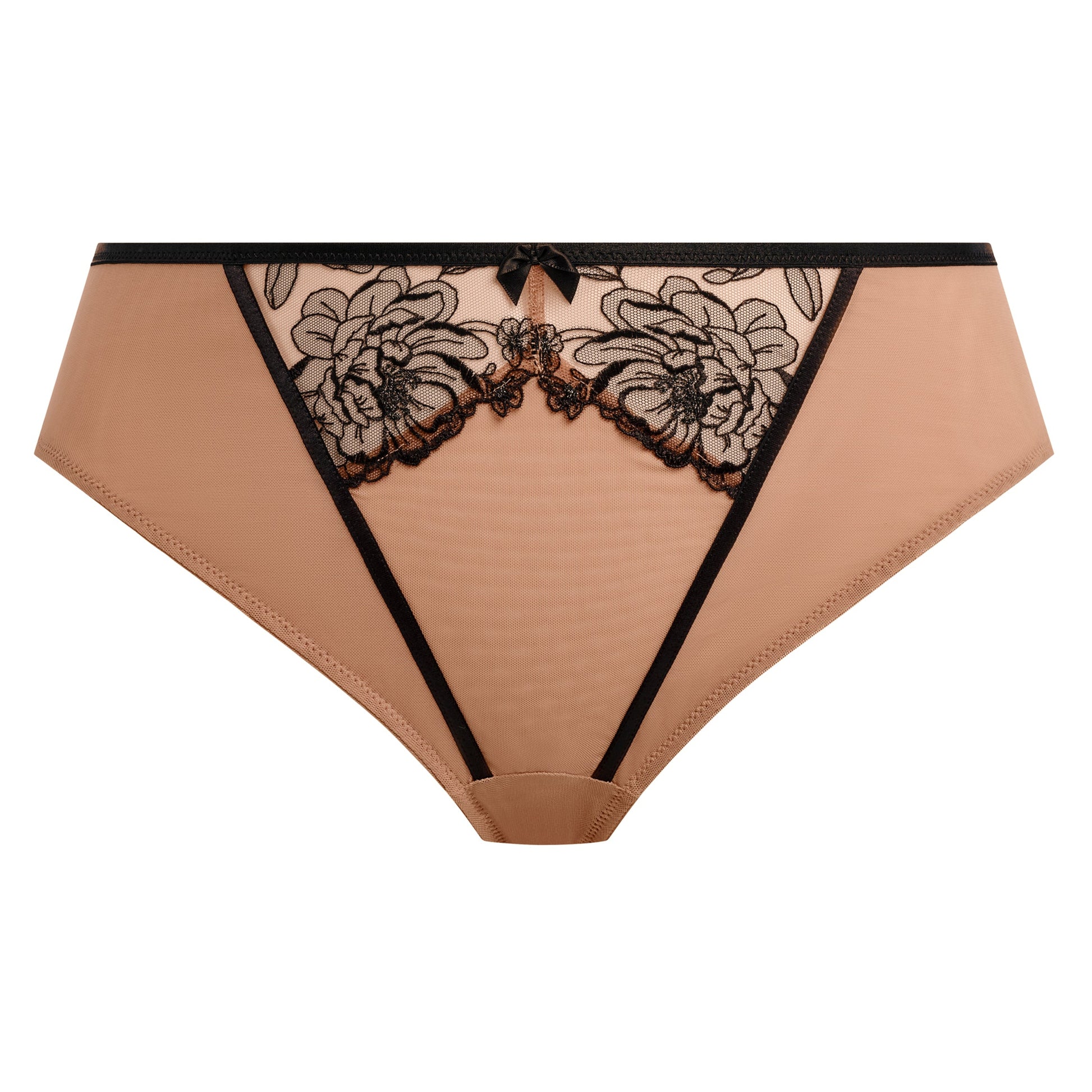 Beige underwear with black lace detailing on a white background