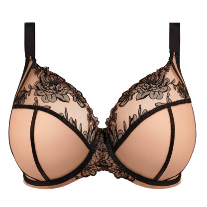 Beige bra with black lace details on a white background