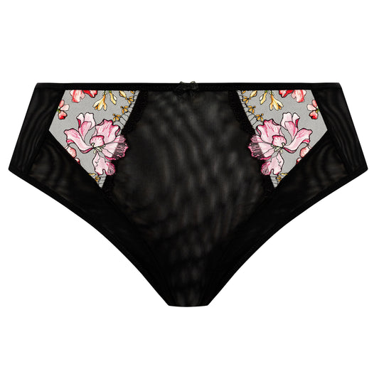 black high leg brief with lace and embroidered flower details in summer colours