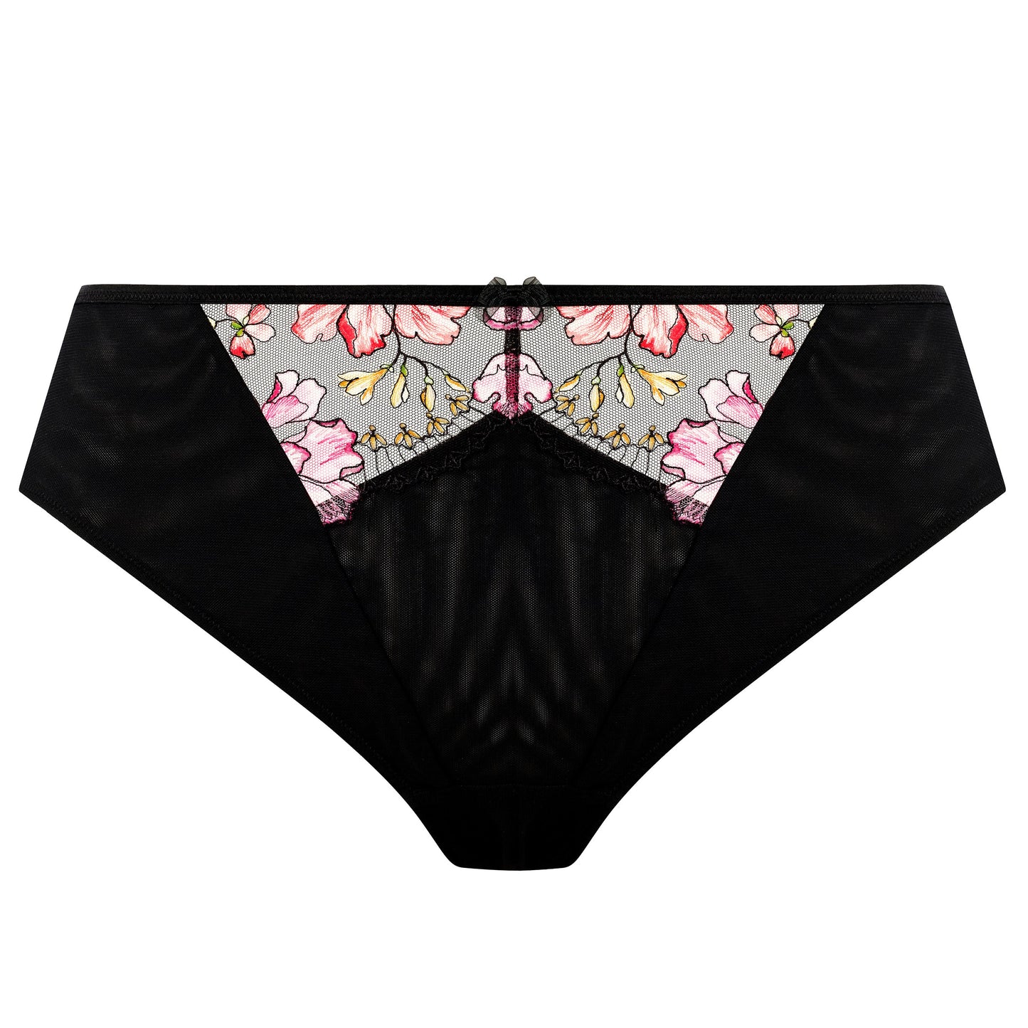 black thong with lace and embroidered flowers in summer colours