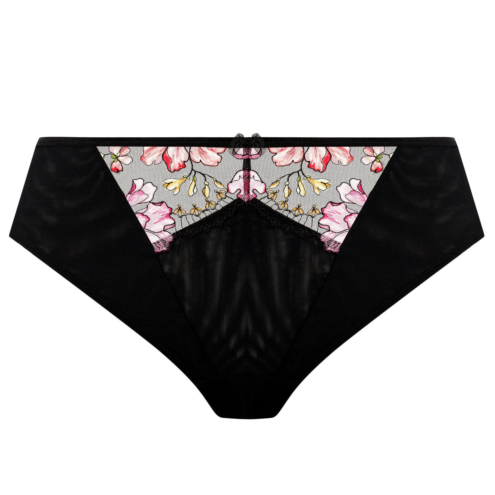 black thong with lace and embroidered flowers in summer colours