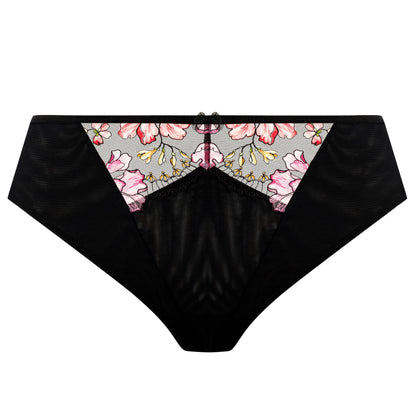 black thong with lace and embroidered flowers in summer colours