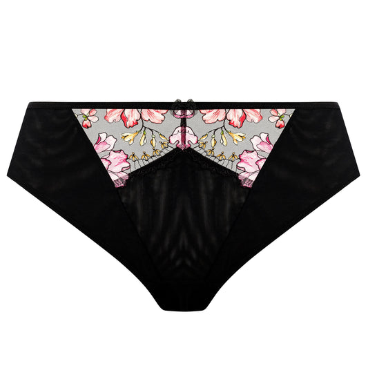 black thong with lace and embroidered flowers in summer colours