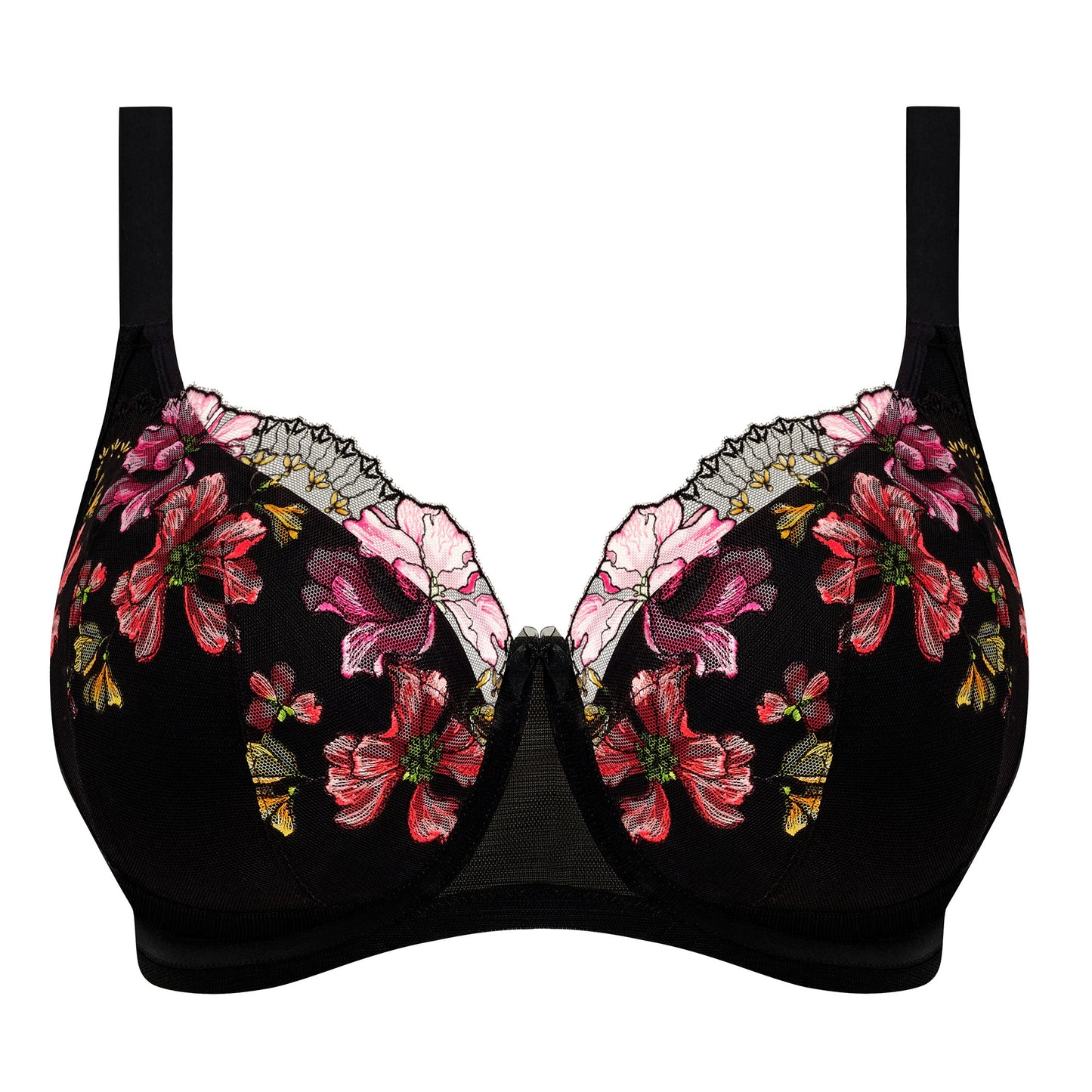 black padded big cup bra with lace and embroidered flowers in summer colours