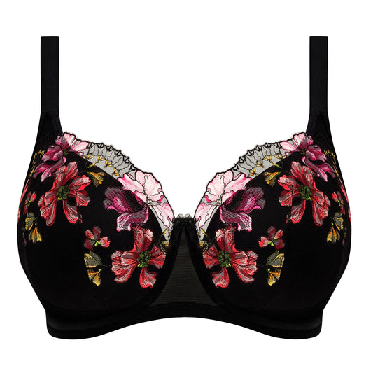 black padded big cup bra with lace and embroidered flowers in summer colours