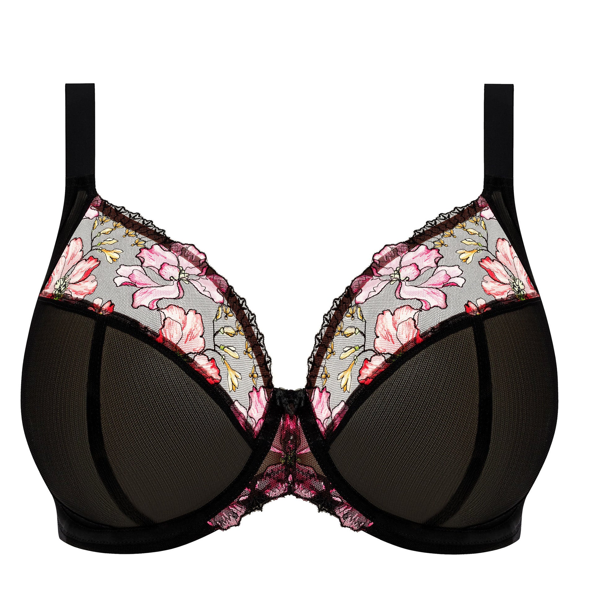 black big cup bra with lace and embroidered flowers in summer colours
