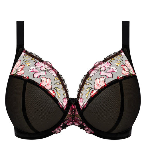 black big cup bra with lace and embroidered flowers in summer colours