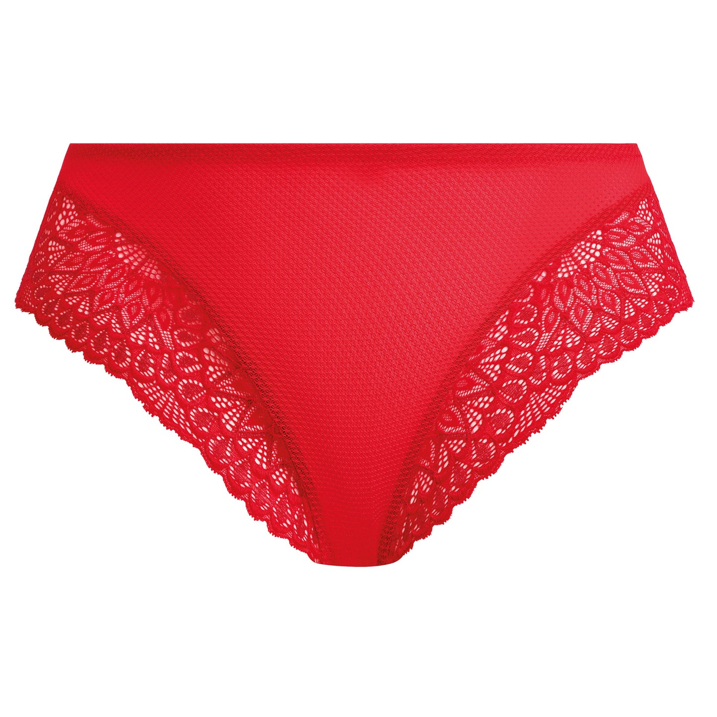 Red women's underwear with lace trim on a white background