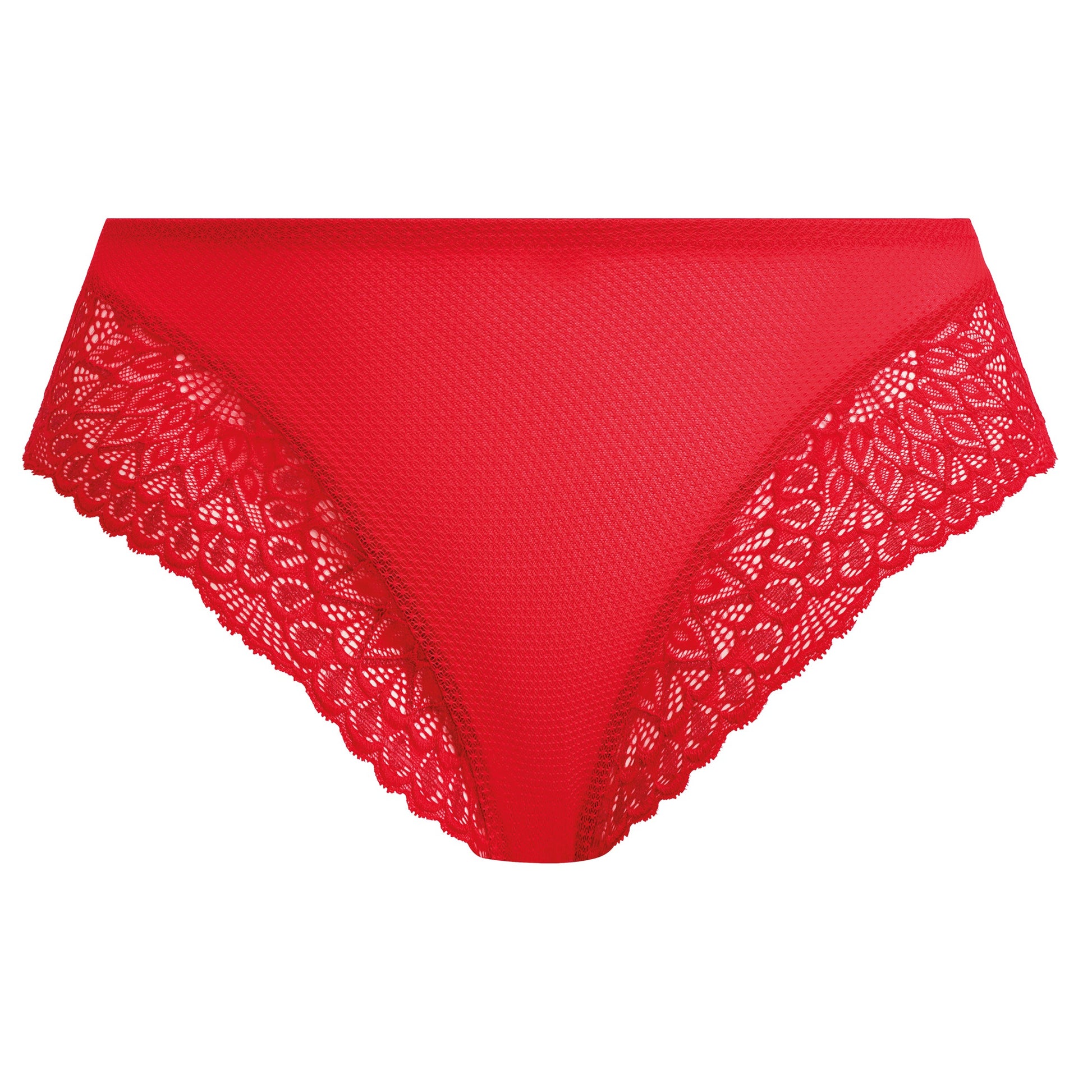 Red women's underwear with lace trim on a white background