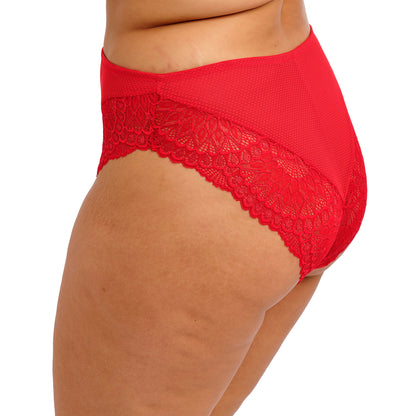 Red women's underwear with lace trim on a white background
