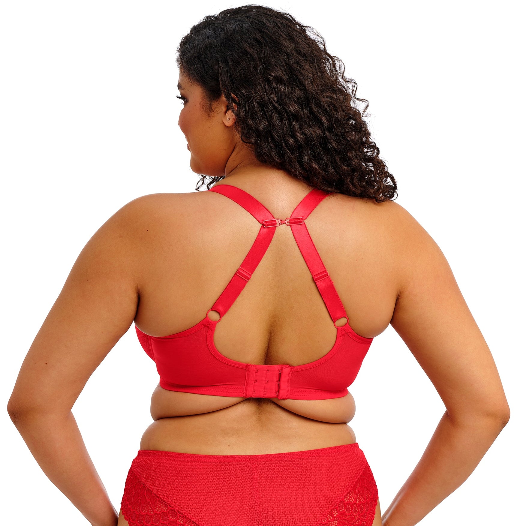 curvy woman wearing Red lingerie with lace details on a white background