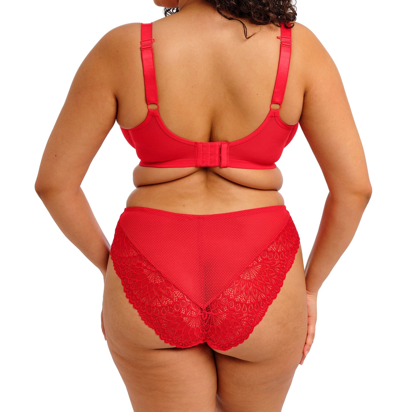curvy woman wearing Red women's underwear with lace trim on a white background