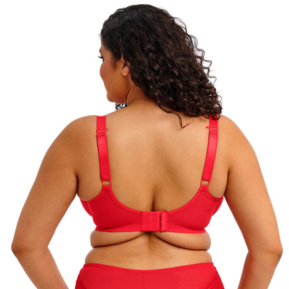 curvy woman wearing Red lingerie with lace details on a white background