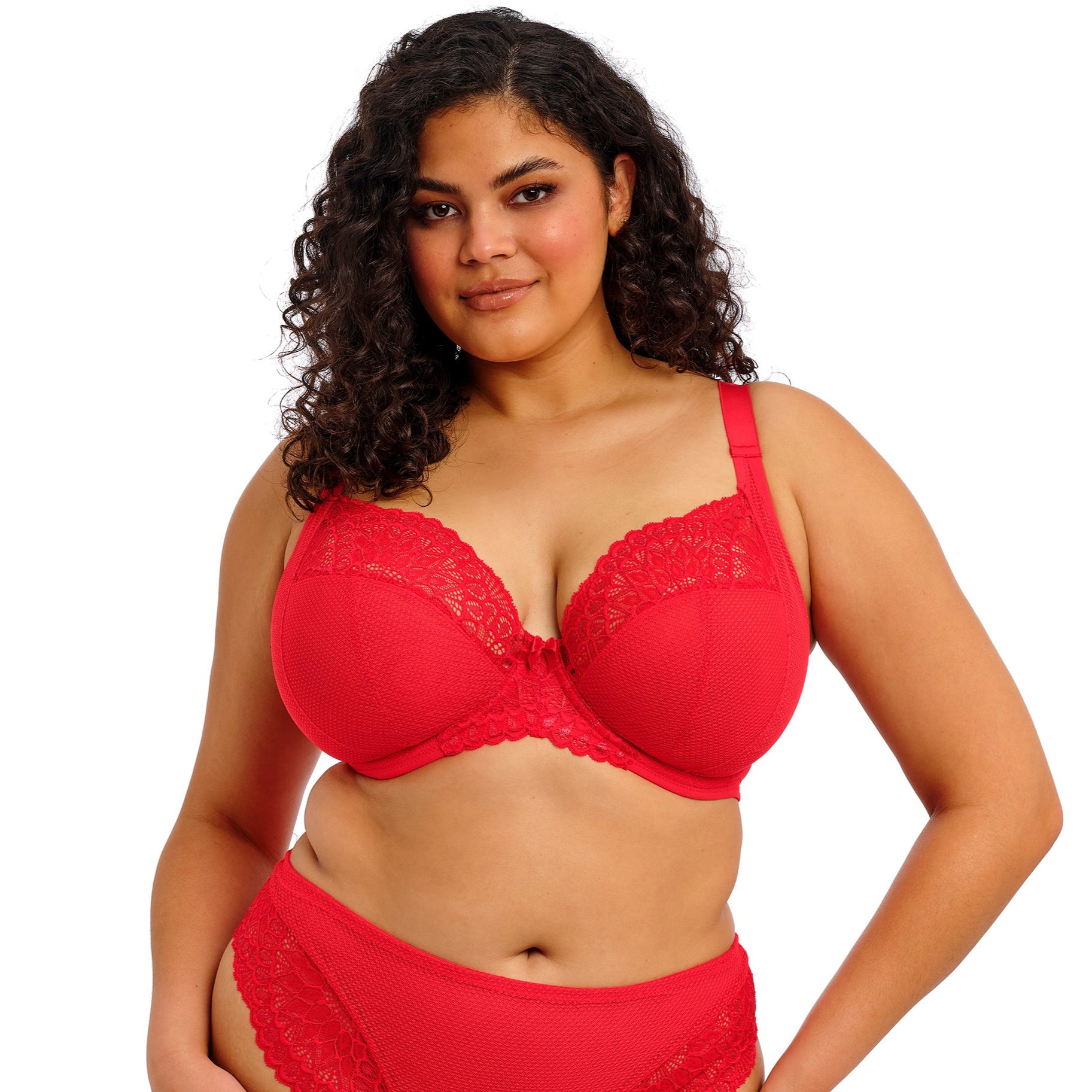 curvy woman wearing Red lingerie with lace details on a white background