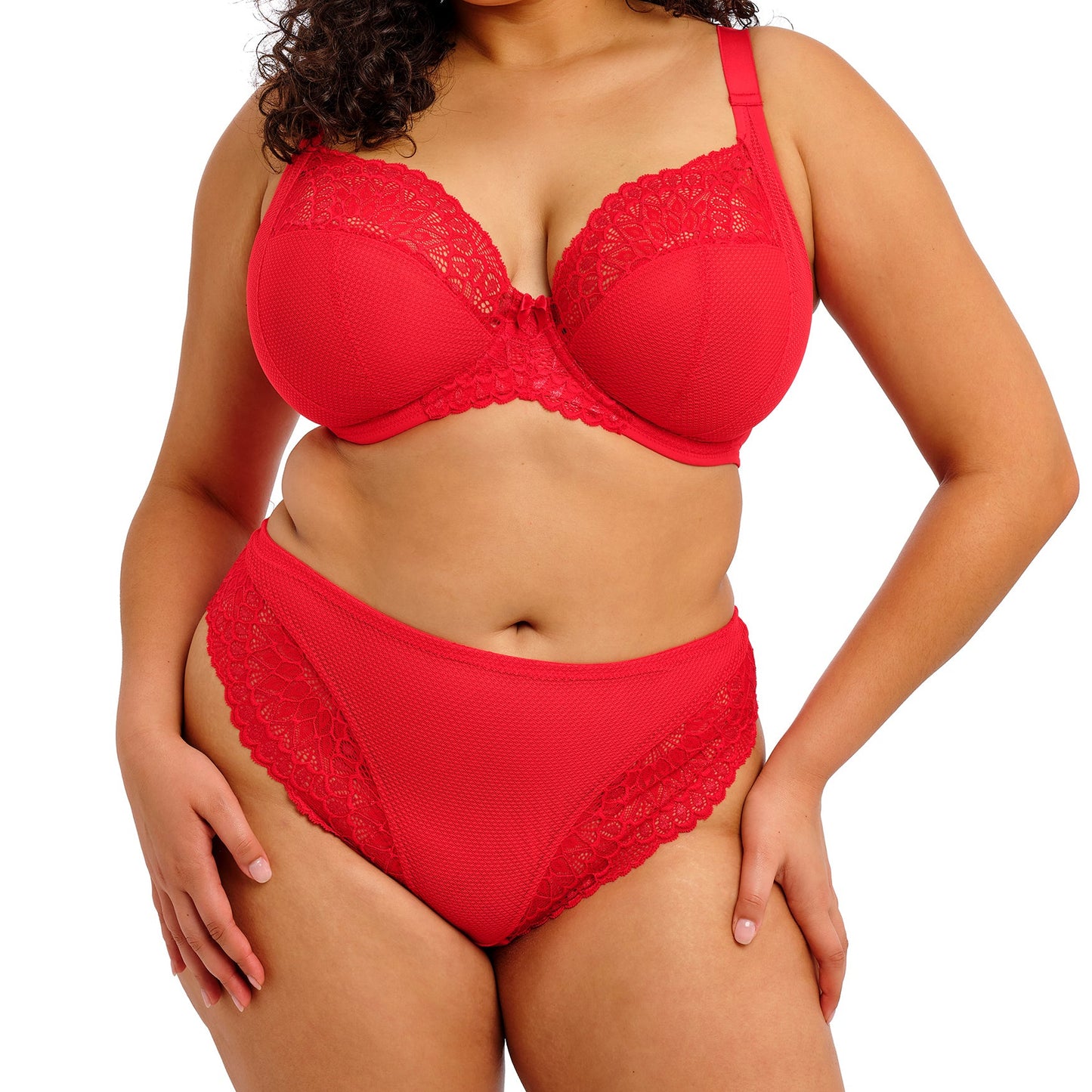 curvy woman wearing Red women's underwear with lace trim on a white background