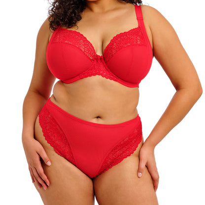 curvy woman wearing Red women's underwear with lace trim on a white background