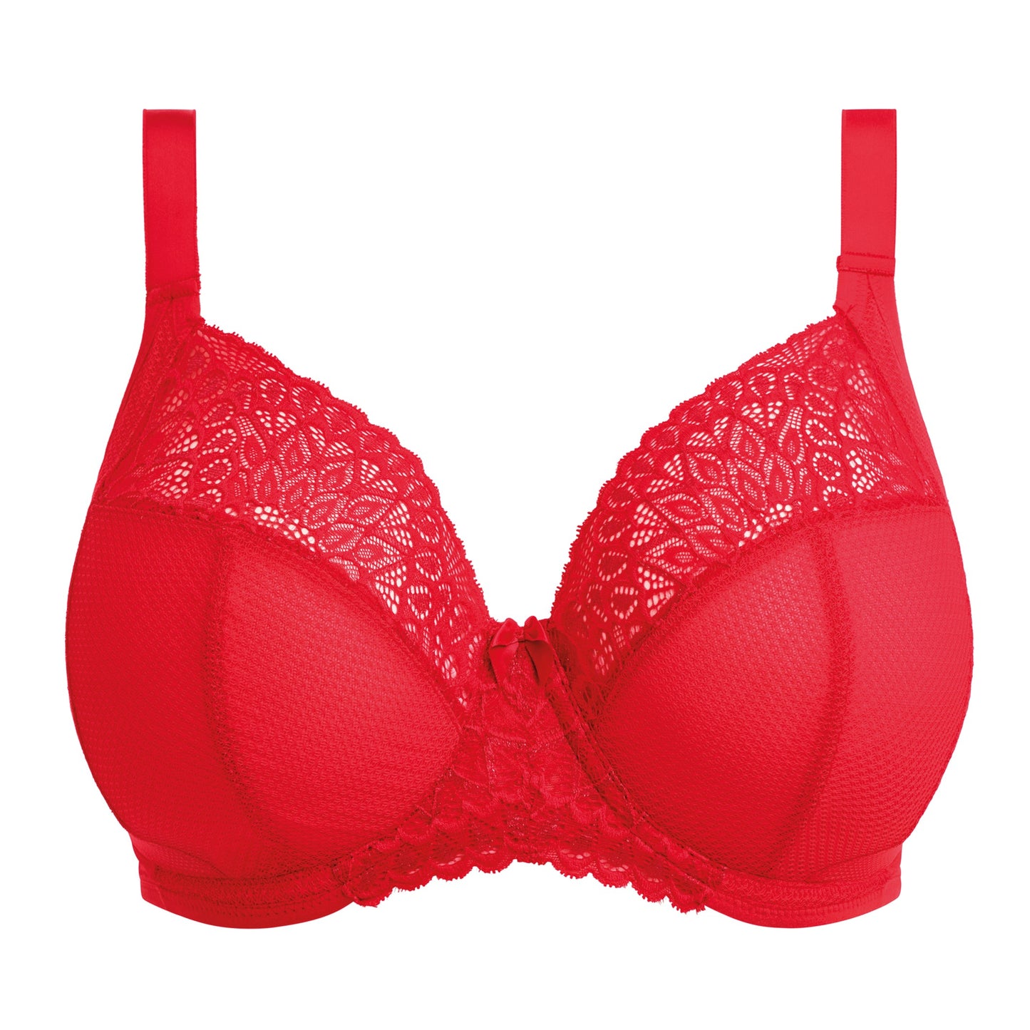 Red bra with lace details on a white background