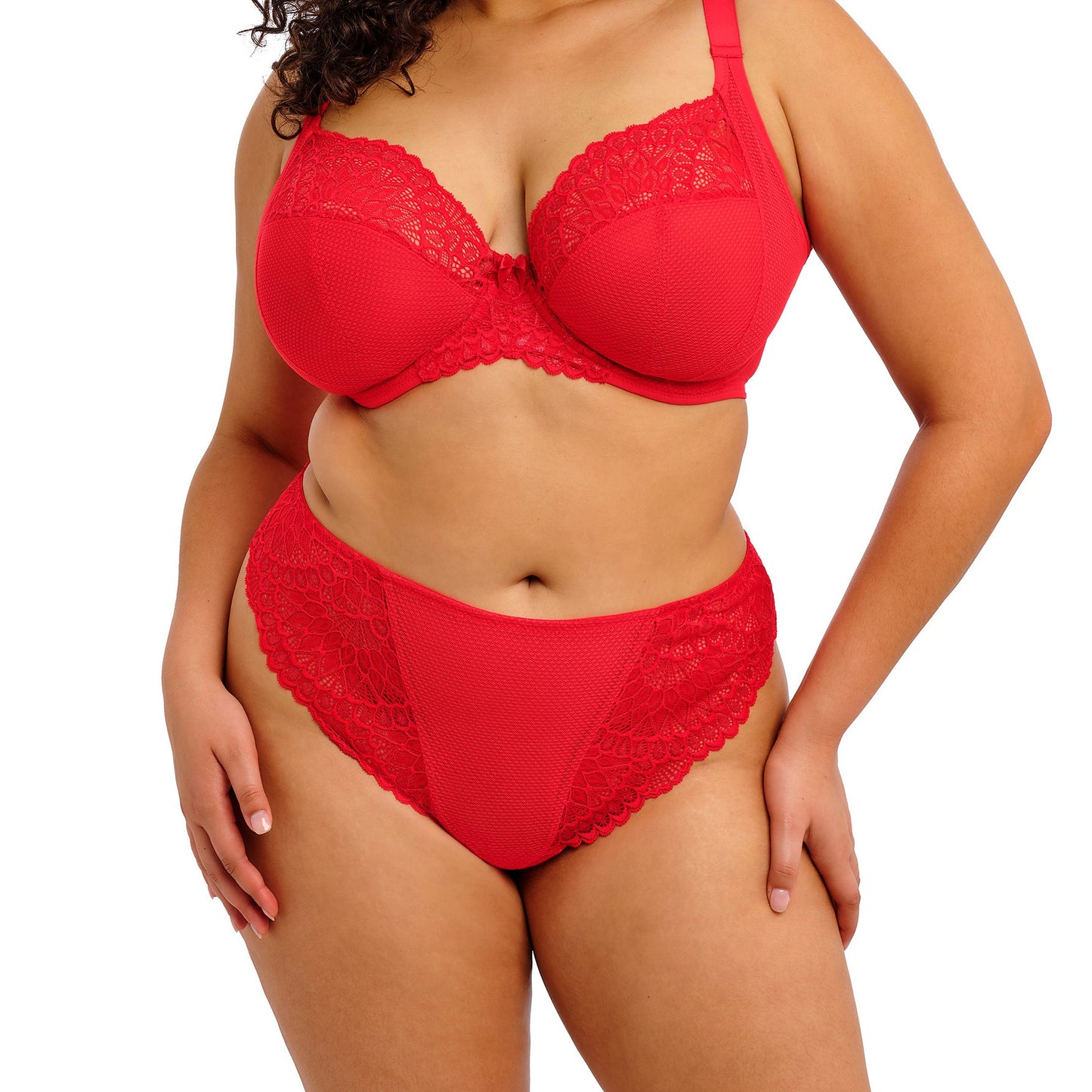 CURVY WOMAN WEARING Red women's underwear with lace trim on a white background