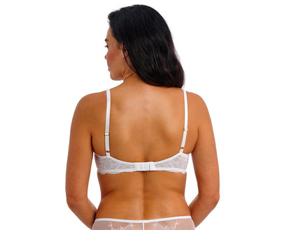 woman wearing a white lace bra with flower details