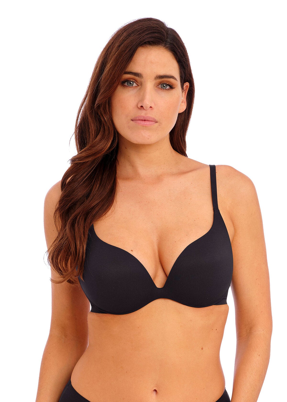 woman wearing a black  push up t-shirt bra