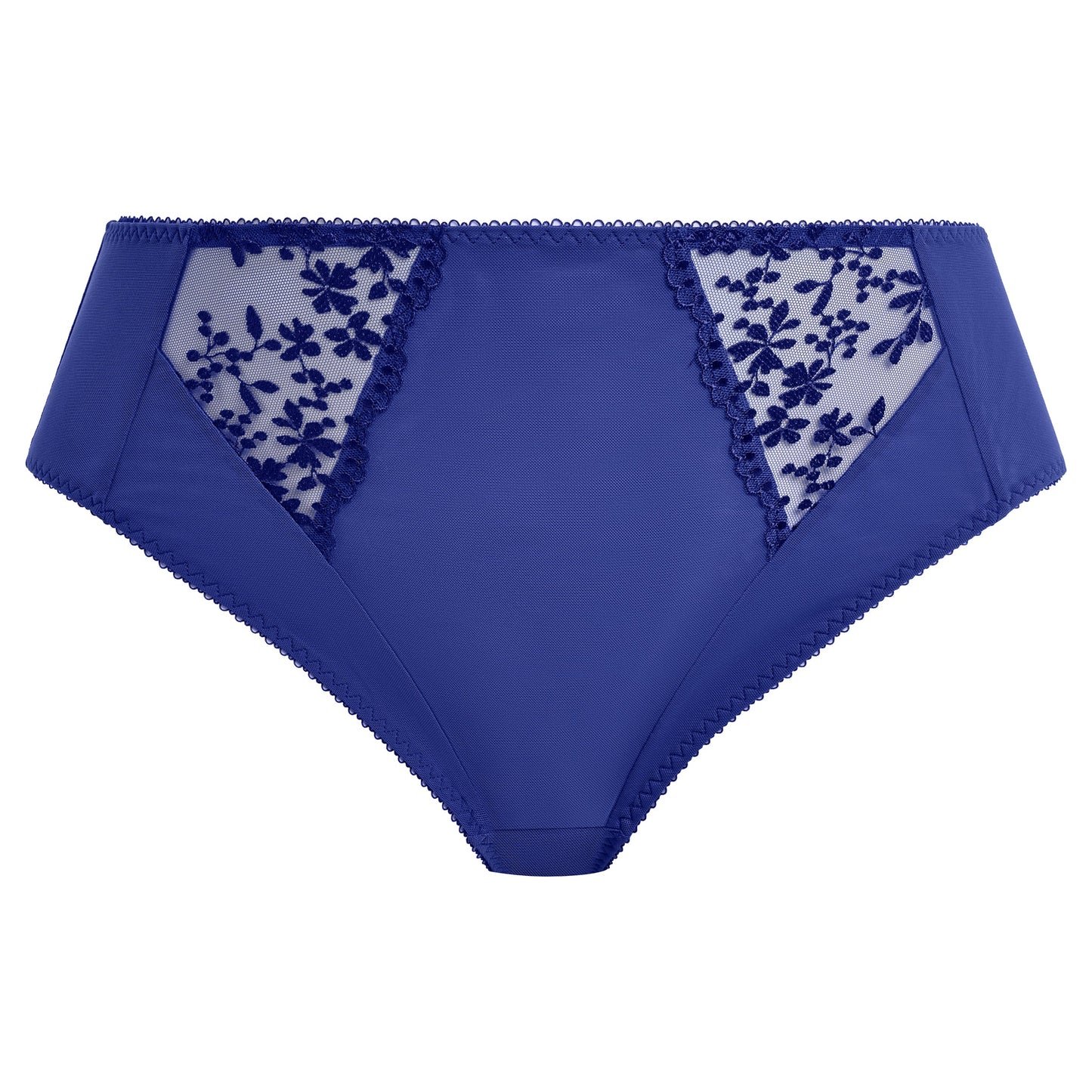 sapphire Blue underwear with floral lace trim on a white background