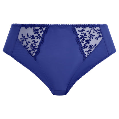 sapphire Blue underwear with floral lace trim on a white background