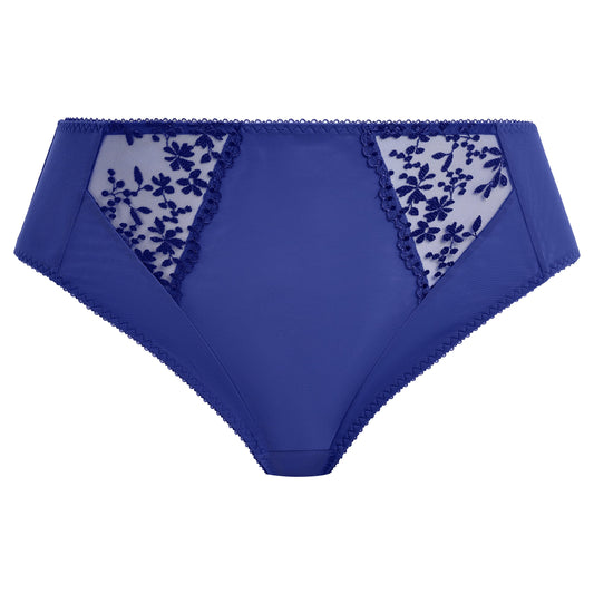 sapphire Blue underwear with floral lace trim on a white background