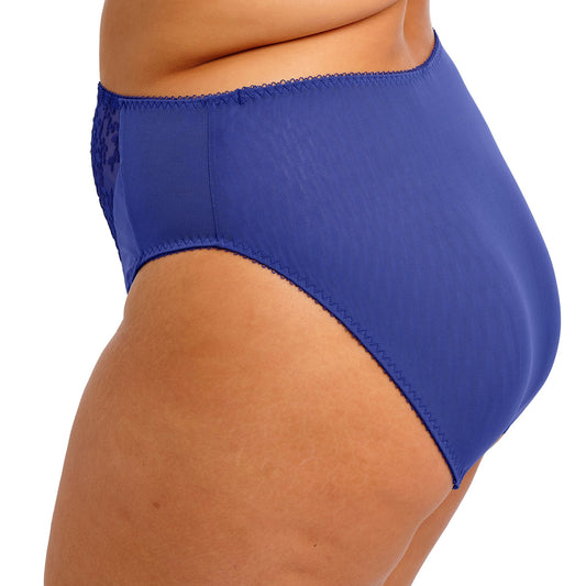 sapphire Blue underwear with floral lace trim on a white background