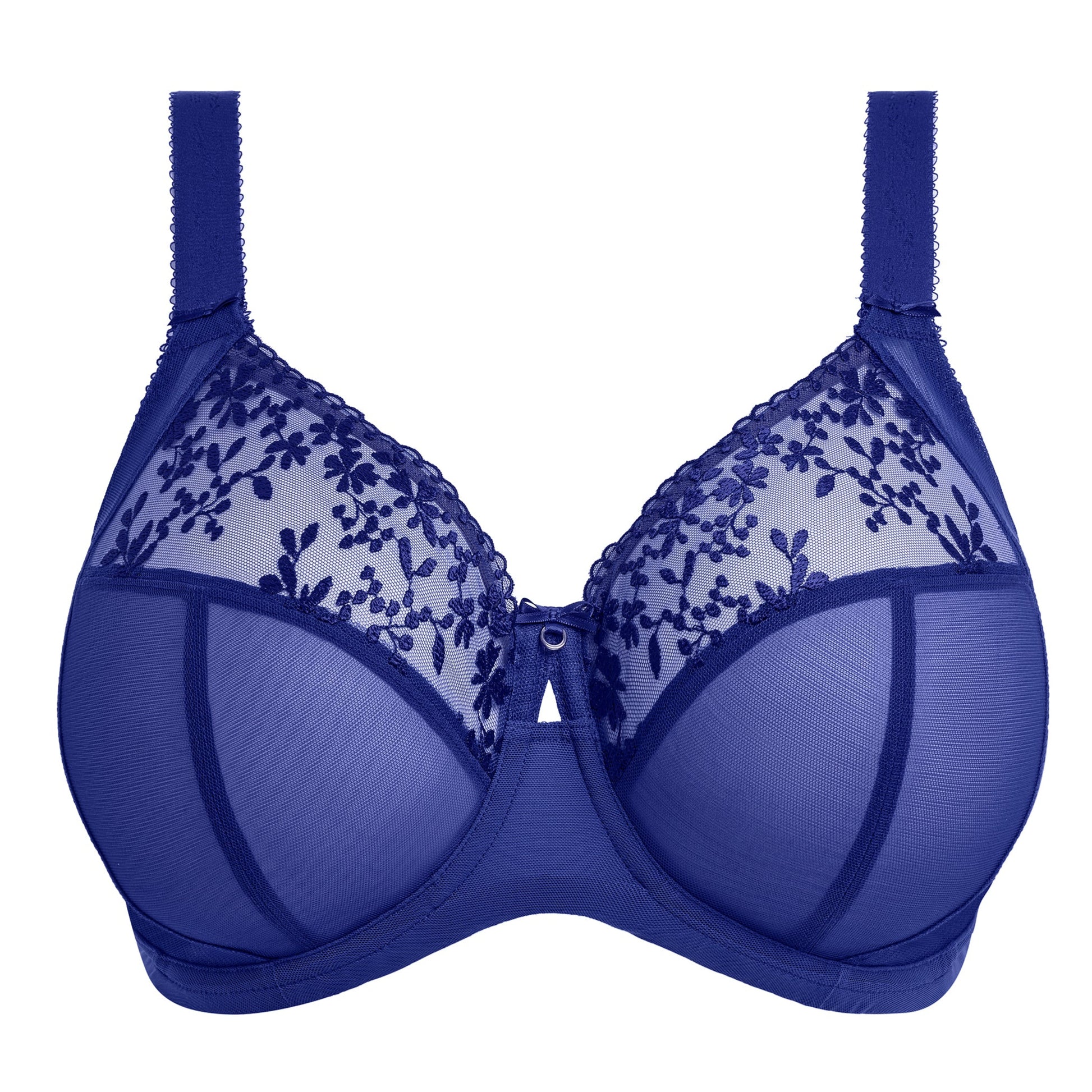 Sapphire blue bra with floral lace details on a white background