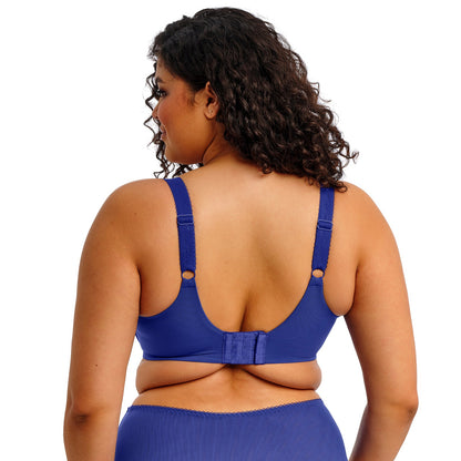 curvy woman wearing a Sapphire blue bra with floral lace details on a white background