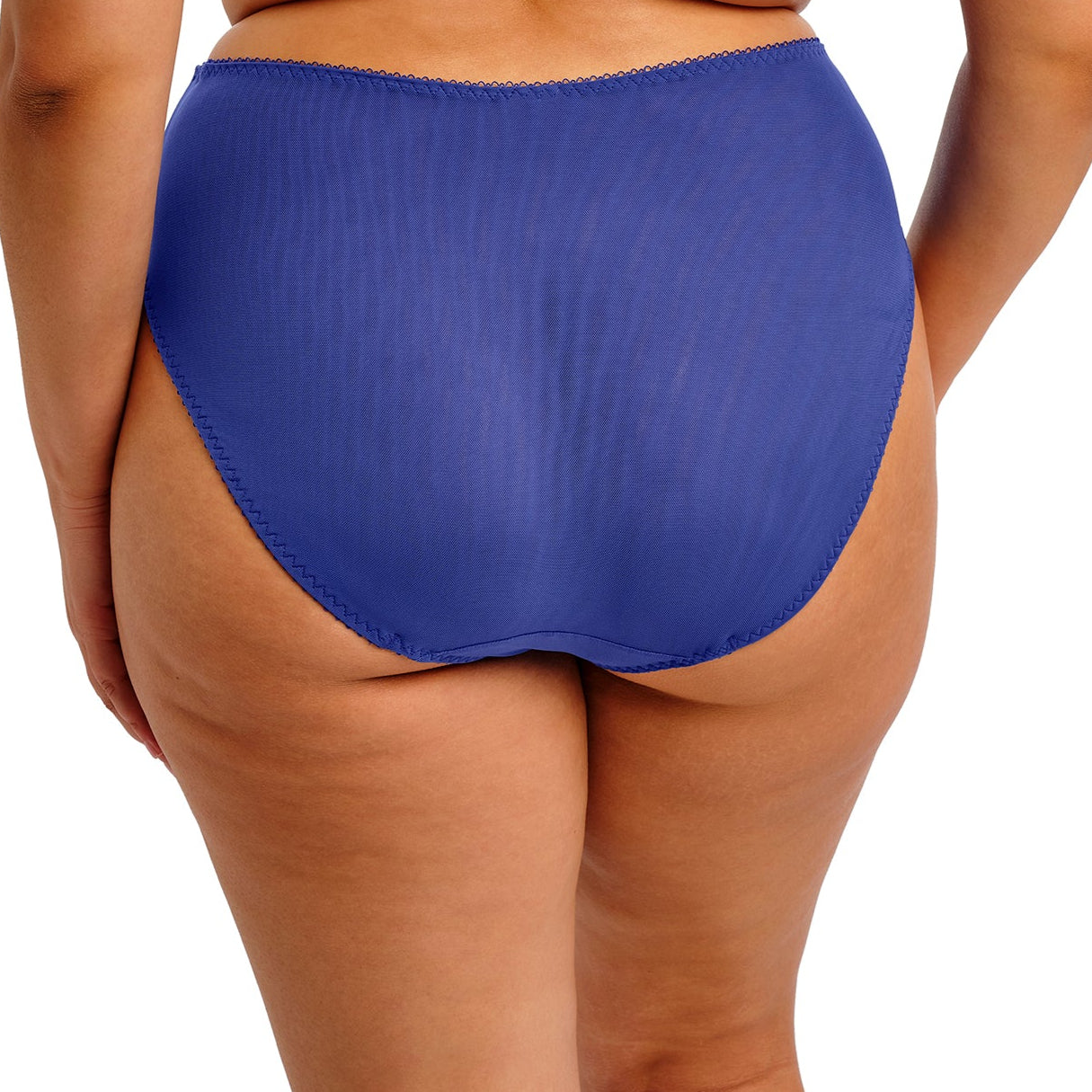 sapphire Blue underwear with floral lace trim on a white background