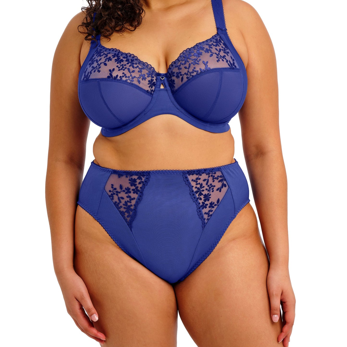 sapphire Blue underwear with floral lace trim on a white background