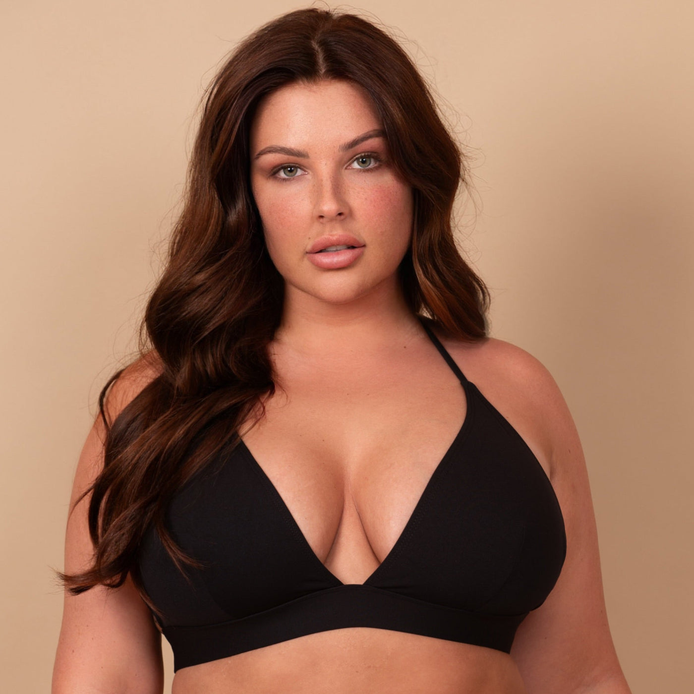 The Class Triangle Bikini Top with wide elastic band, hook closure, and removable padding