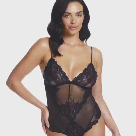 woman wearing a Black all lace bodysuit