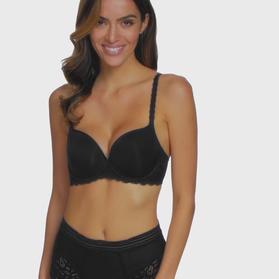 woman wearing a black t-shirt bra and matching briefs