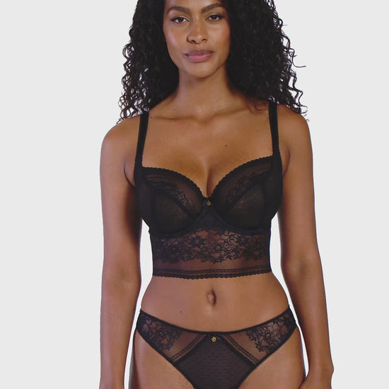 woman wearing a black lace longline big cup bustier bra