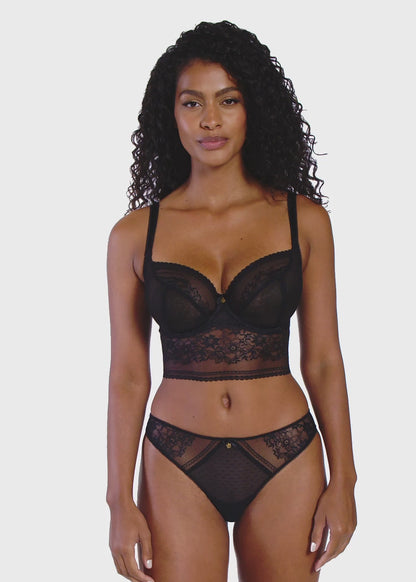 woman wearing a black lace longline big cup bustier bra